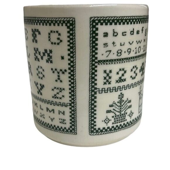 Vintage White Green Sampler Mug USA Crafter Needlepoint Cross Stitch Coffee Mug - Picture 4 of 8
